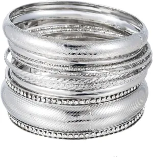Bohemian Silver Bangle Bracelets Set for Women- Multi Layer Stackable Textured Bracelet Retro Indian Chunky Cable Twisted Wristband for Women Best Friend Wedding Bridal Birthday Party Gift