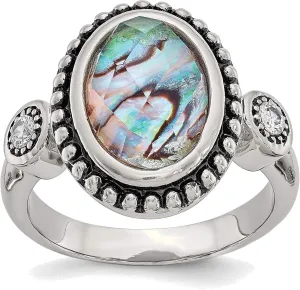 Bonyak Jewelry Chisel Stainless Steel Antiqued & Polished Imitation Abalone & CZ Ring in Stain