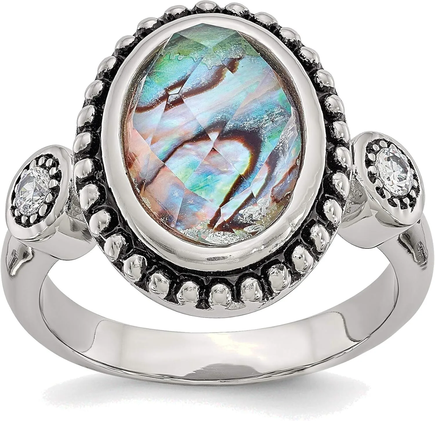 Bonyak Jewelry Chisel Stainless Steel Antiqued & Polished Imitation Abalone & CZ Ring in Stain