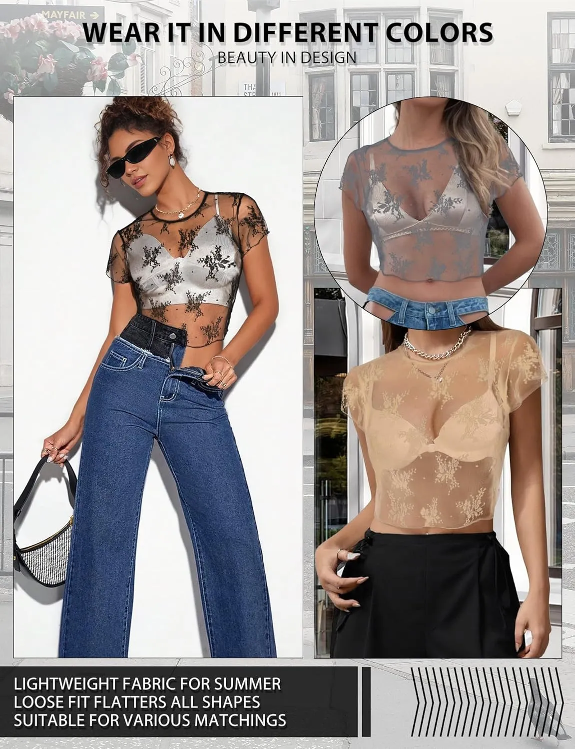 Buauty Womens Sheer Mesh Tops Crop Top See Through Shirts 2024 Summer Cap Sleeve Crewneck Lace Y2k Going Out Tops Clubwear