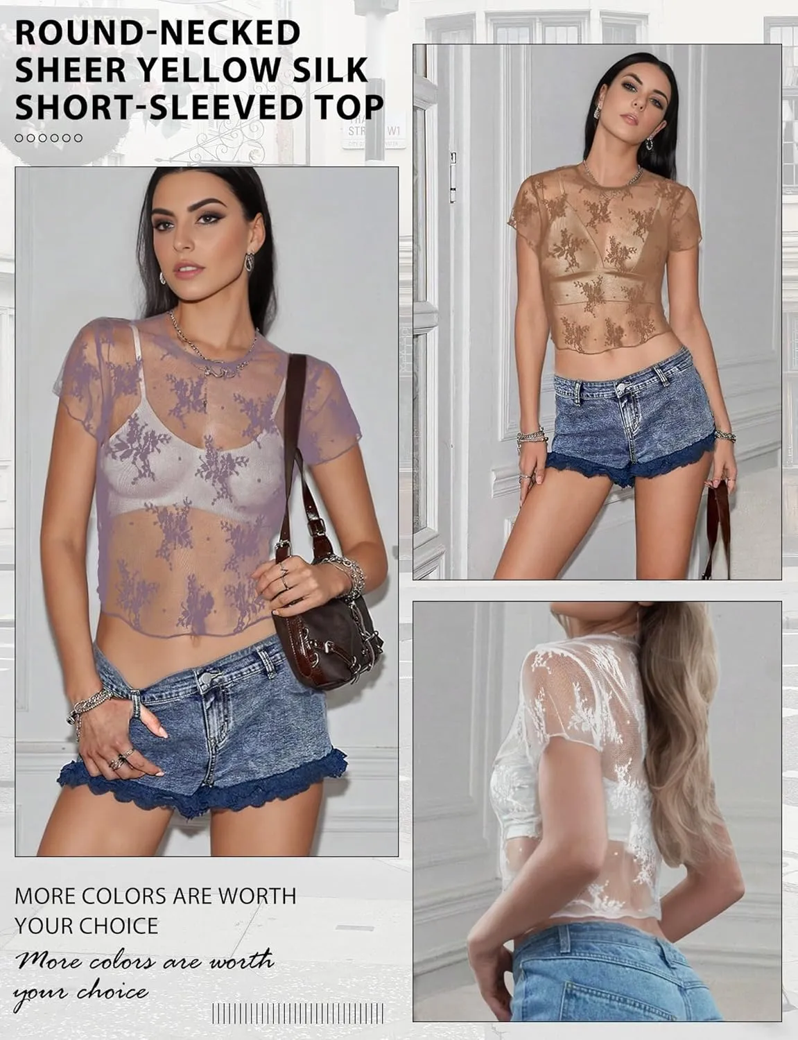 Buauty Womens Sheer Mesh Tops Crop Top See Through Shirts 2024 Summer Cap Sleeve Crewneck Lace Y2k Going Out Tops Clubwear