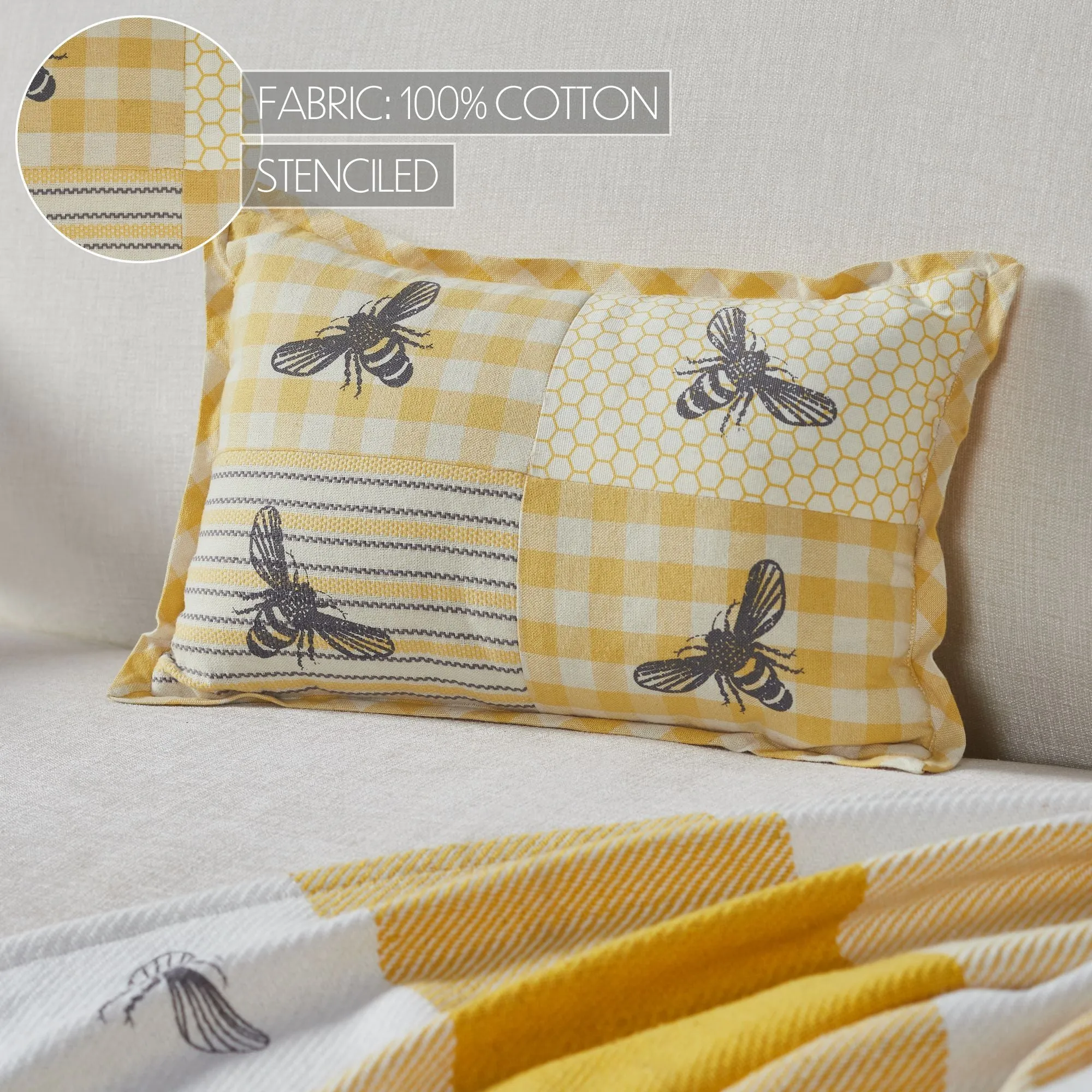 Buzzy Bees Patchwork Bee Pillow 9.5x14