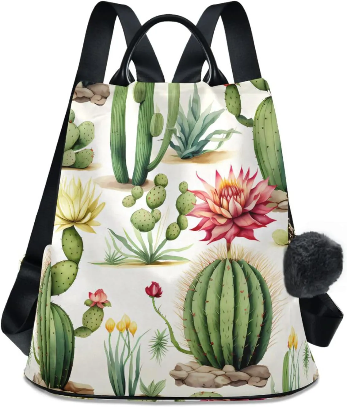Cactus Of Different Shapes Travel Backpack Purse for Women Multipurpose Design Ladies Fashion Bag with Pompom
