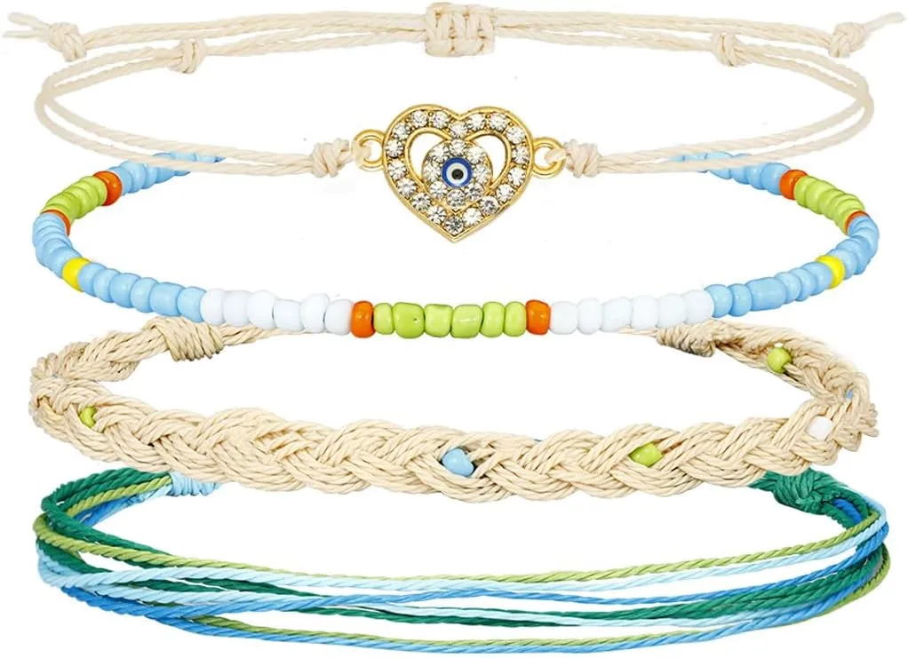 Caiyao Bohemian Friendship Bracelets Handmade Adjustable Evil Eye Turtle Cross Seashell Braided Rope String Bracelet Boho Seed Beaded Ocean Surfer Bangles for Women Men Summer Beach Jewelry Gifts