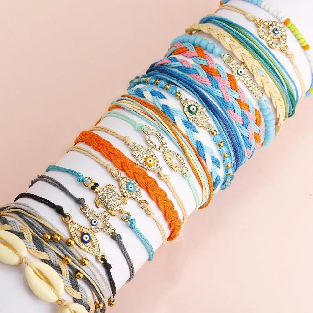 Caiyao Bohemian Friendship Bracelets Handmade Adjustable Evil Eye Turtle Cross Seashell Braided Rope String Bracelet Boho Seed Beaded Ocean Surfer Bangles for Women Men Summer Beach Jewelry Gifts