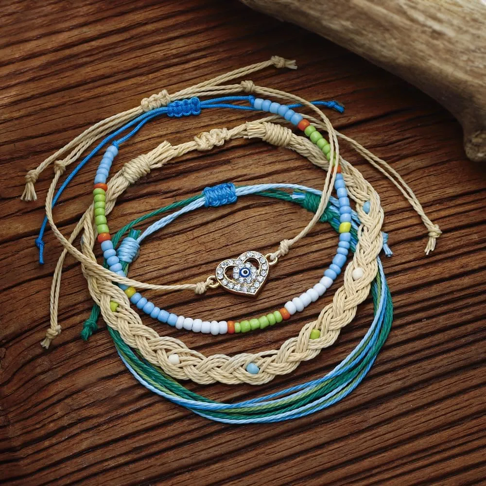 Caiyao Bohemian Friendship Bracelets Handmade Adjustable Evil Eye Turtle Cross Seashell Braided Rope String Bracelet Boho Seed Beaded Ocean Surfer Bangles for Women Men Summer Beach Jewelry Gifts