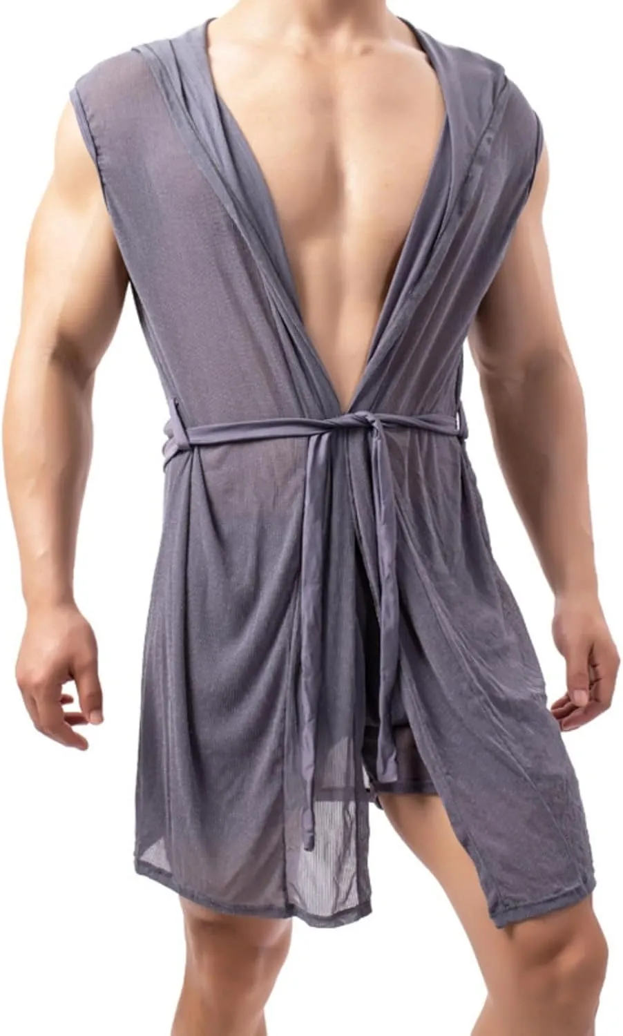 Cambkatl Men's Mesh Sheer Sexy Sleeveless Summer Robe Hooded Bathrobe Nightwear