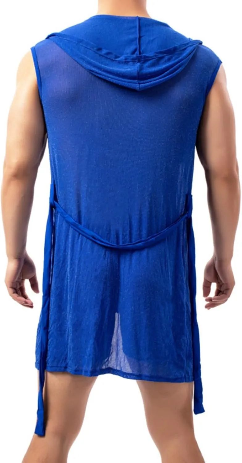 Cambkatl Men's Mesh Sheer Sexy Sleeveless Summer Robe Hooded Bathrobe Nightwear