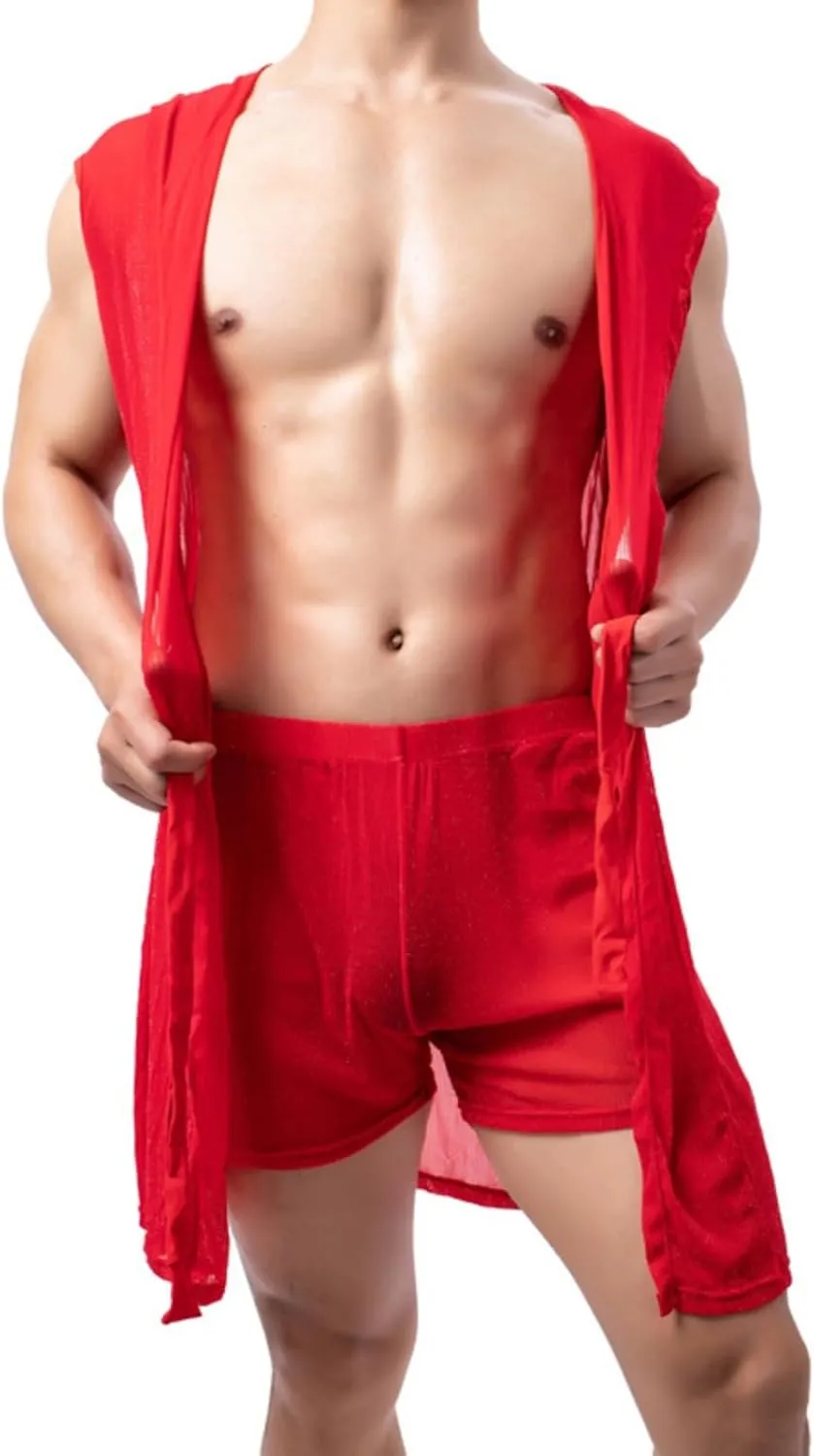 Cambkatl Men's Mesh Sheer Sexy Sleeveless Summer Robe Hooded Bathrobe Nightwear