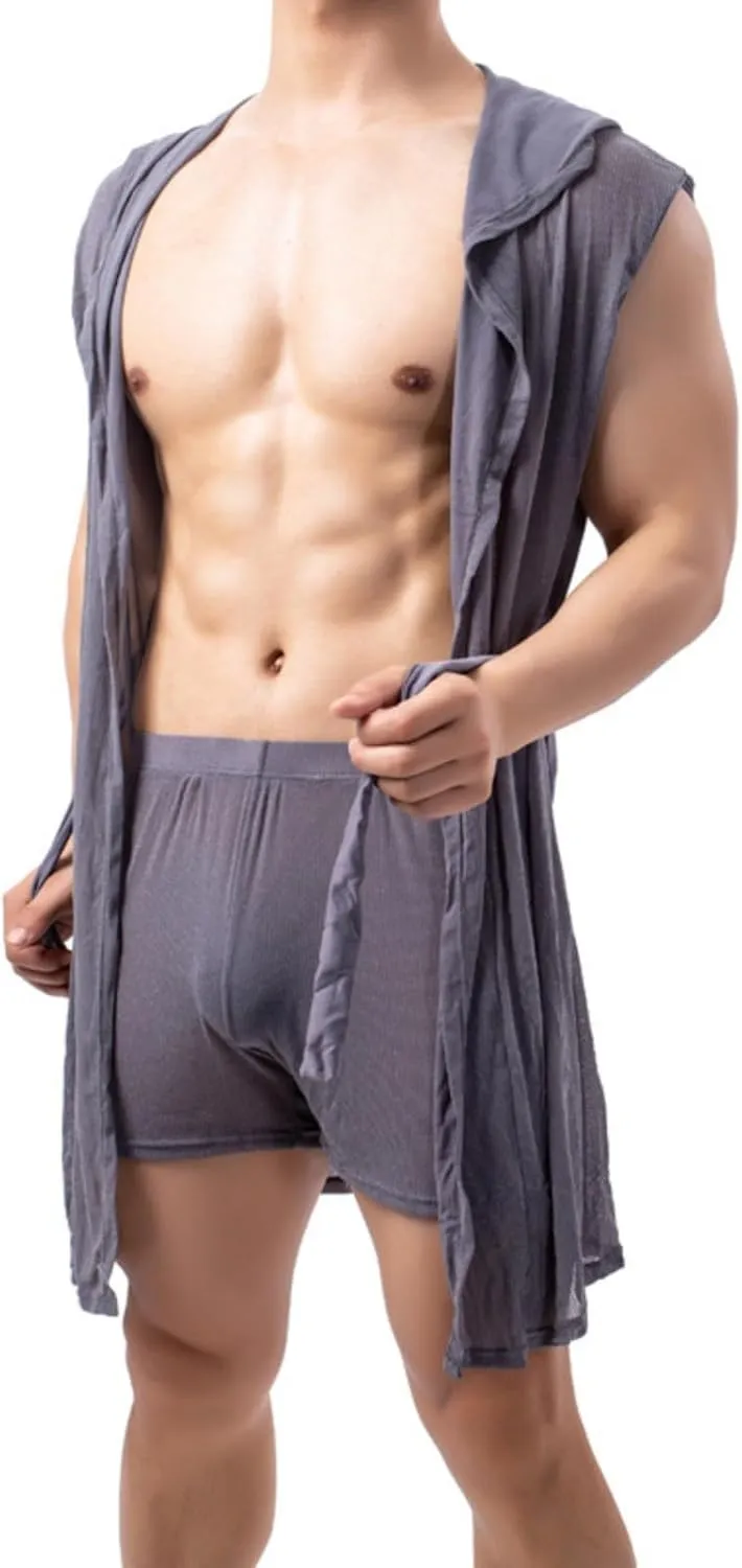 Cambkatl Men's Mesh Sheer Sexy Sleeveless Summer Robe Hooded Bathrobe Nightwear