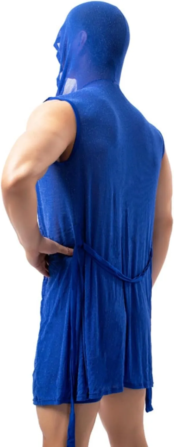 Cambkatl Men's Mesh Sheer Sexy Sleeveless Summer Robe Hooded Bathrobe Nightwear