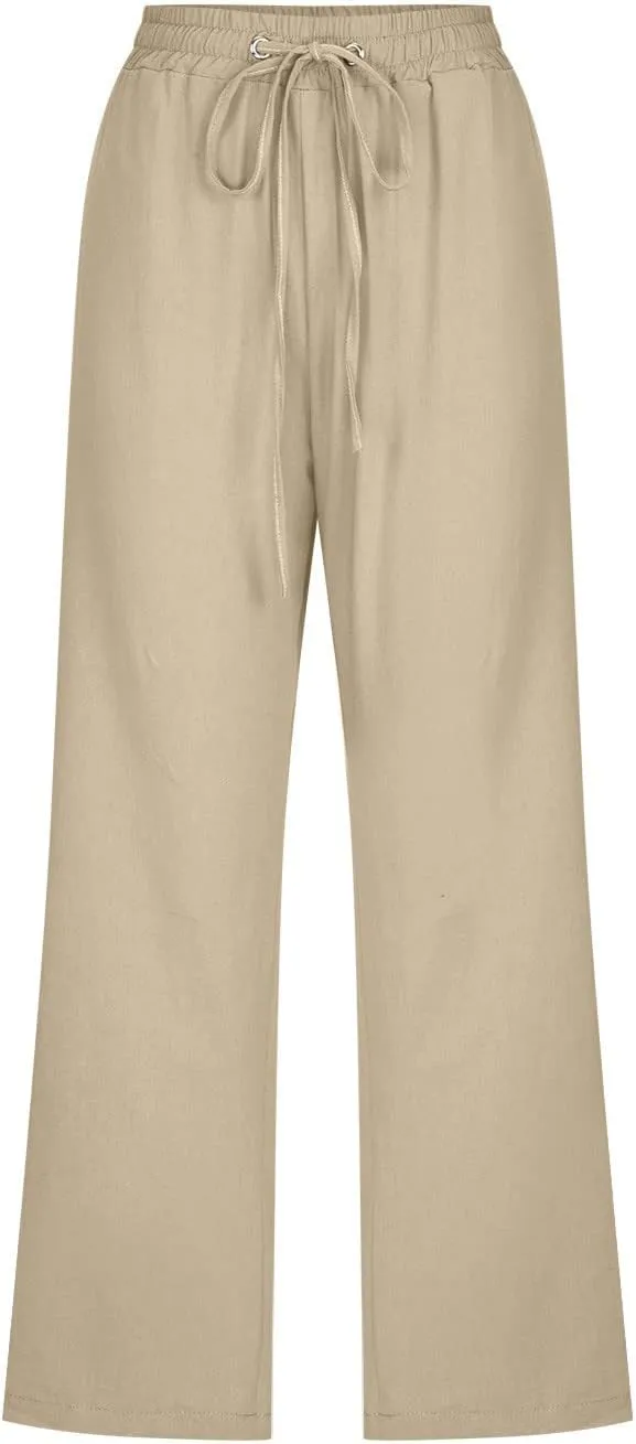 Capri Pants for Women 2024 Summer Casual Drawstring High Waist Linen Pants Straight Wide Leg Capris Cropped Trousers