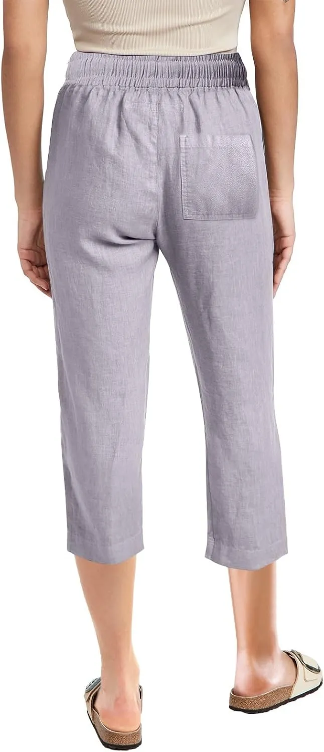 Capri Pants for Women Casual Summer Drawstring High Waist Linen Pants Elastic Straight Wide Leg Plus Size Capris