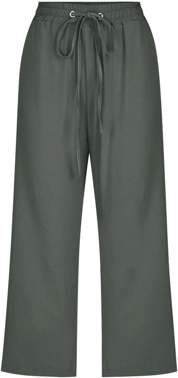 Capri Pants for Women Casual Summer Drawstring High Waist Linen Pants Elastic Straight Wide Leg Plus Size Capris