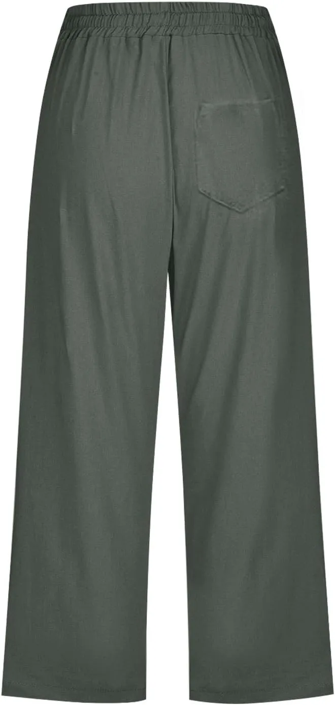 Capri Pants for Women Casual Summer Drawstring High Waist Linen Pants Elastic Straight Wide Leg Plus Size Capris