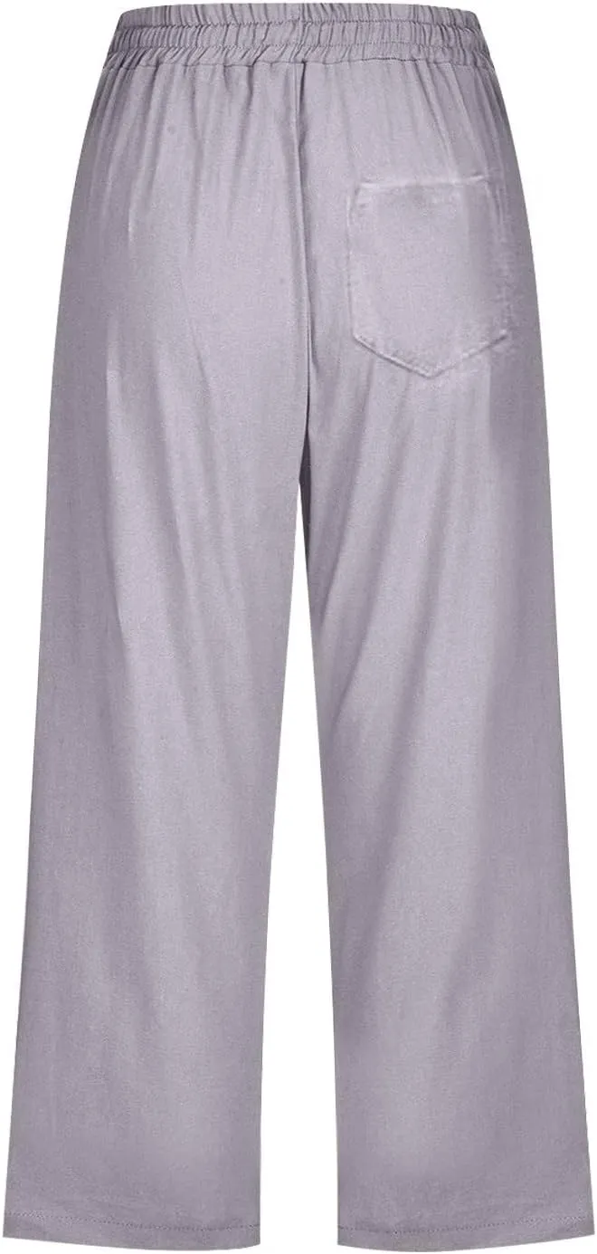 Capri Pants for Women Casual Summer Drawstring High Waist Linen Pants Elastic Straight Wide Leg Plus Size Capris
