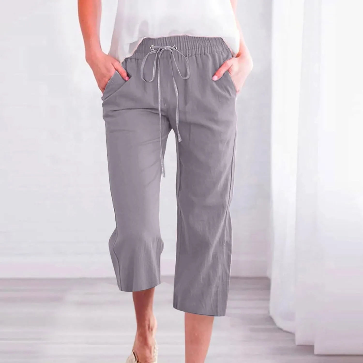 Capri Pants for Women Casual Summer Drawstring High Waist Linen Pants Elastic Straight Wide Leg Plus Size Capris
