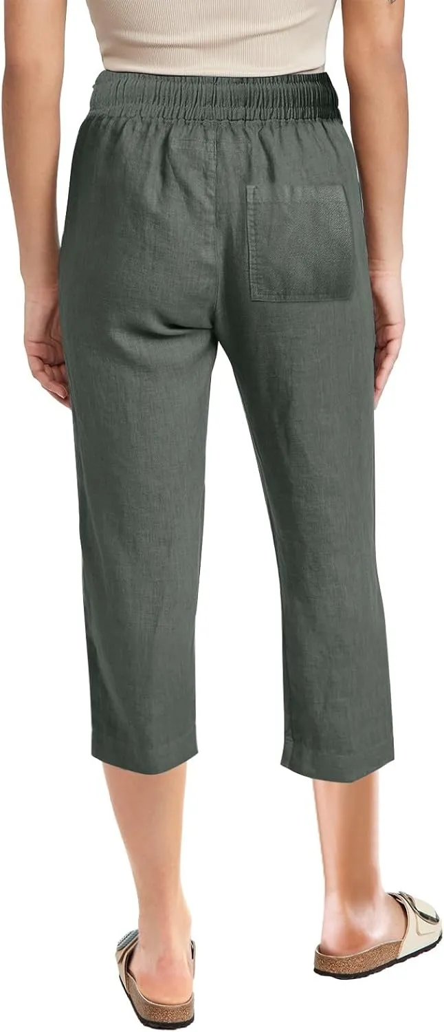Capri Pants for Women Casual Summer Drawstring High Waist Linen Pants Elastic Straight Wide Leg Plus Size Capris
