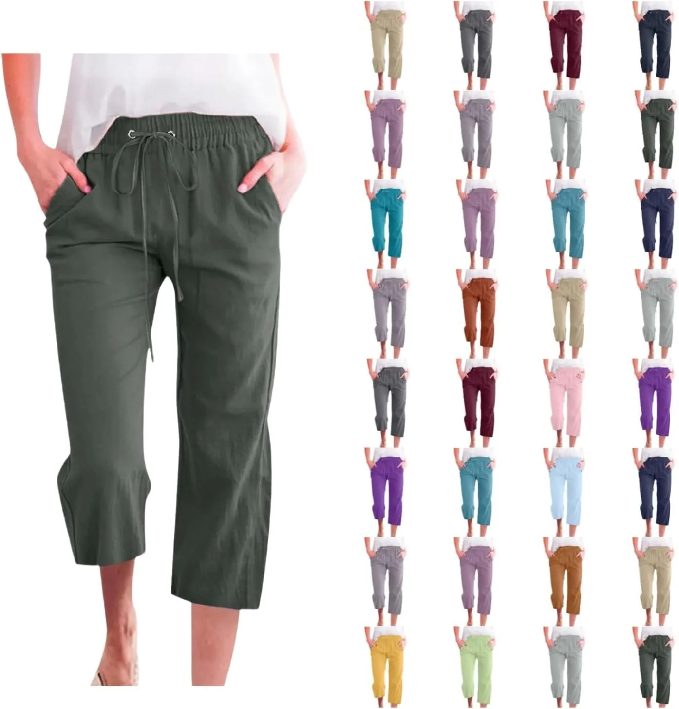 Capri Pants for Women Casual Summer Drawstring High Waist Linen Pants Elastic Straight Wide Leg Plus Size Capris