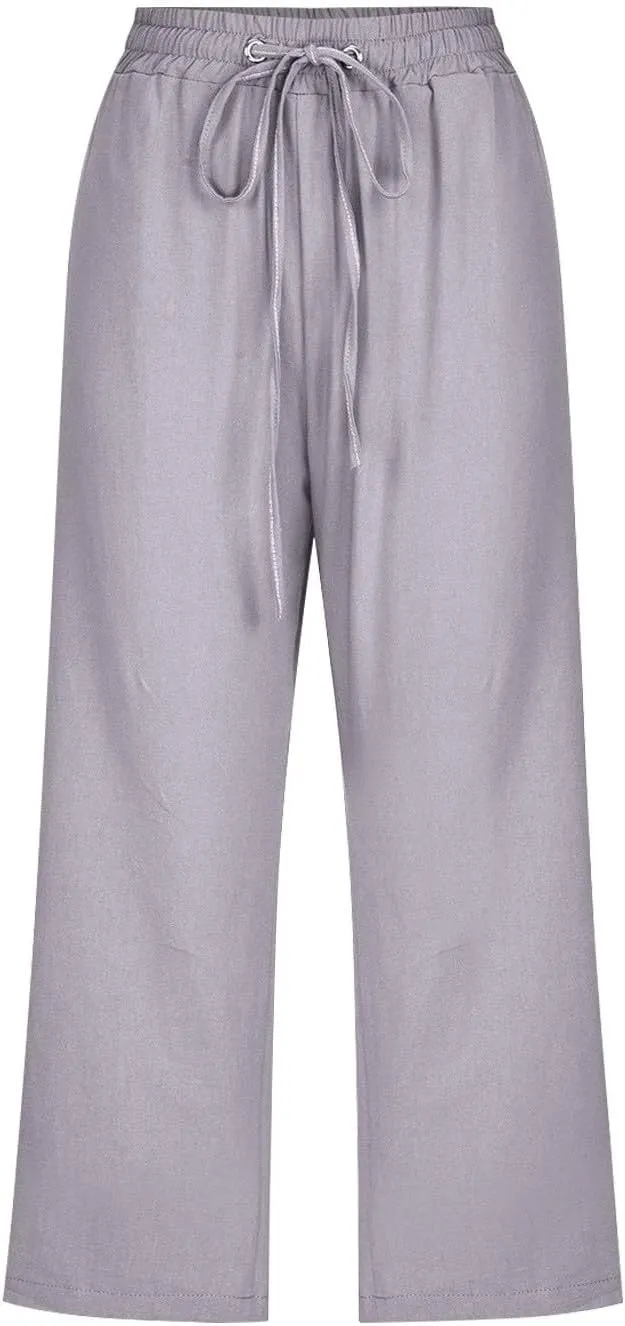 Capri Pants for Women Casual Summer Drawstring High Waist Linen Pants Elastic Straight Wide Leg Plus Size Capris