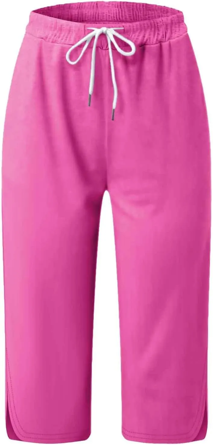 Capri Pants for Women Dressy Casual High Waisted Lightweight Yoga Pant Drawstring Split Stretch Jogger Trousers