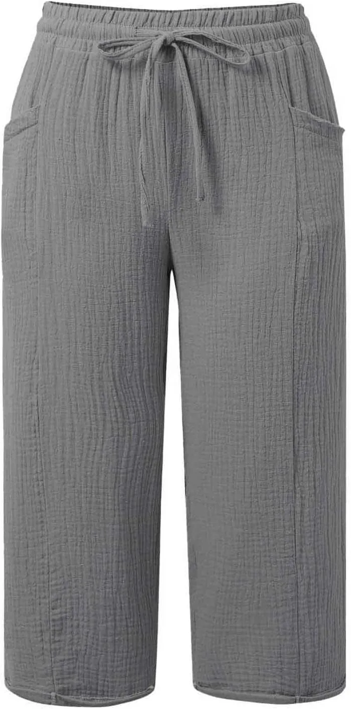 Capris Pants for Women High Waist Summer Casual Plus Size Pants Straight Wide Leg Drawstring Elastic Sports Cropped Trousers