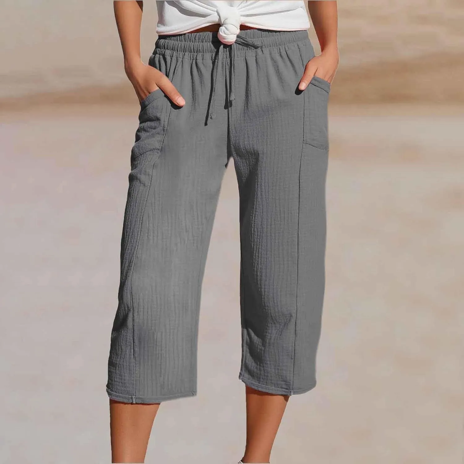 Capris Pants for Women High Waist Summer Casual Plus Size Pants Straight Wide Leg Drawstring Elastic Sports Cropped Trousers