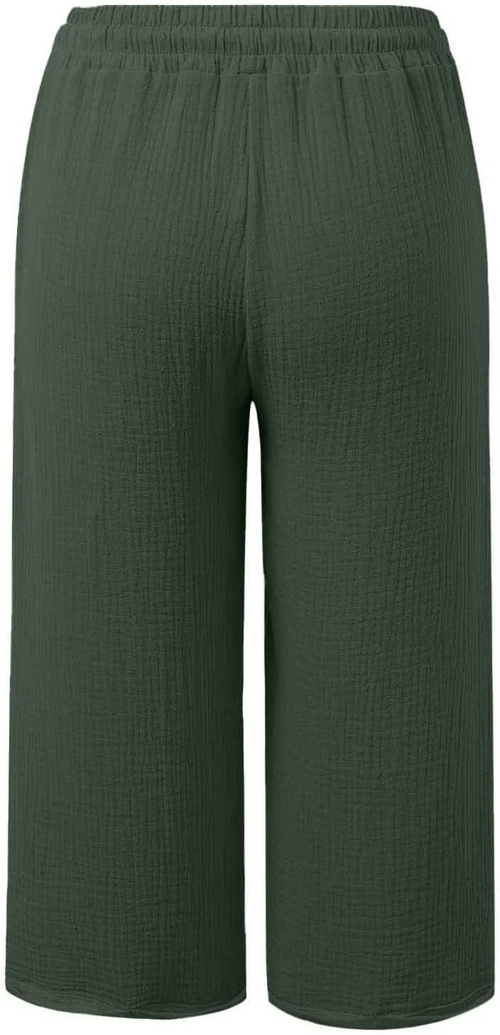 Capris Pants for Women High Waist Summer Casual Plus Size Pants Straight Wide Leg Drawstring Elastic Sports Cropped Trousers