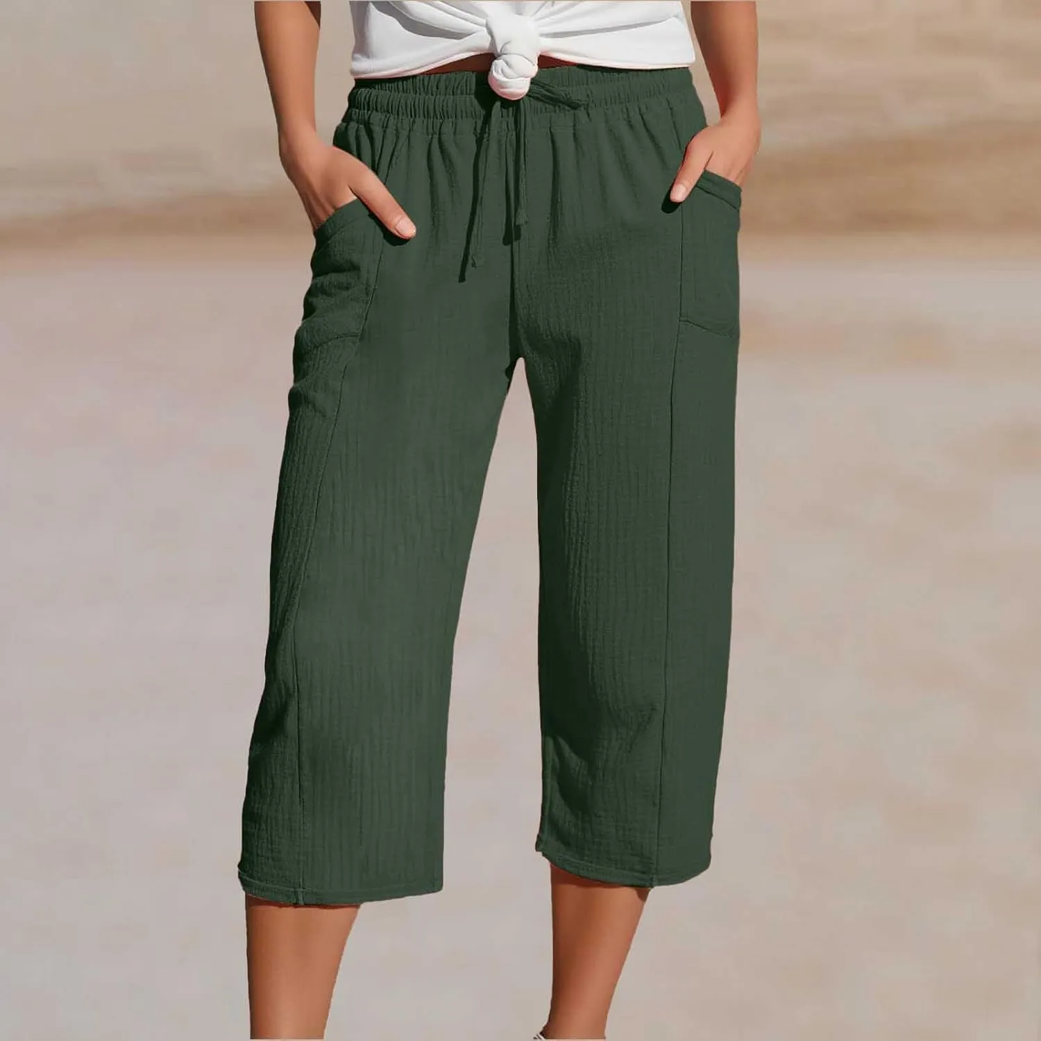 Capris Pants for Women High Waist Summer Casual Plus Size Pants Straight Wide Leg Drawstring Elastic Sports Cropped Trousers