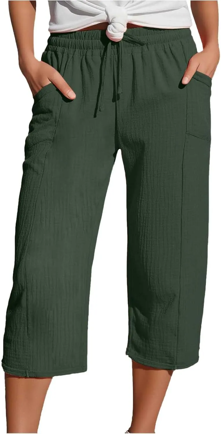 Capris Pants for Women High Waist Summer Casual Plus Size Pants Straight Wide Leg Drawstring Elastic Sports Cropped Trousers