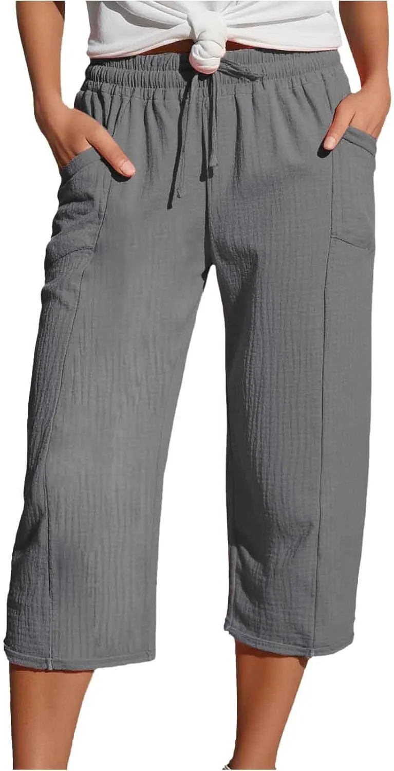 Capris Pants for Women High Waist Summer Casual Plus Size Pants Straight Wide Leg Drawstring Elastic Sports Cropped Trousers