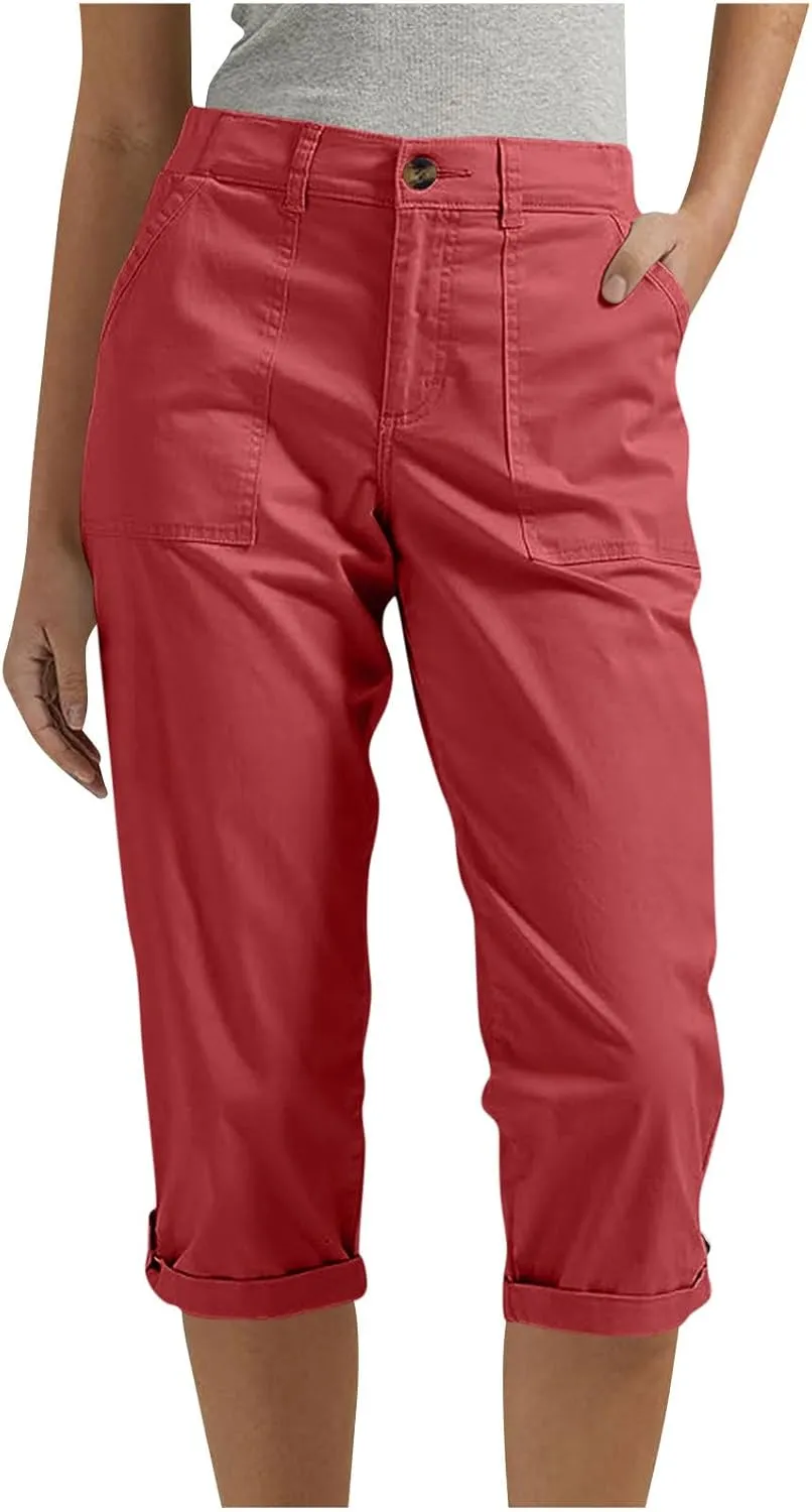 Cargo Capri Pants for Women Dressy Causal Cropped Pants Trendy Pull On Office Work Slacks Elastic Waist Crop Trousers