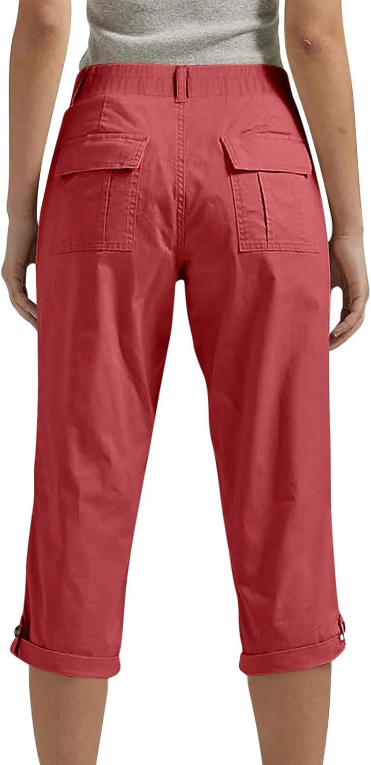 Cargo Capri Pants for Women Dressy Causal Cropped Pants Trendy Pull On Office Work Slacks Elastic Waist Crop Trousers
