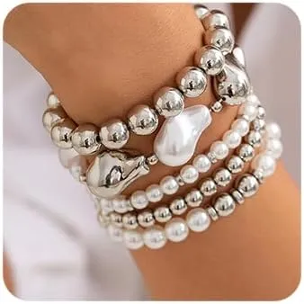 Chargances Boho Layered Beaded Bracelets Charms Baroque Pearl Bangles Fashion Stackable Beads Bracelets for Women