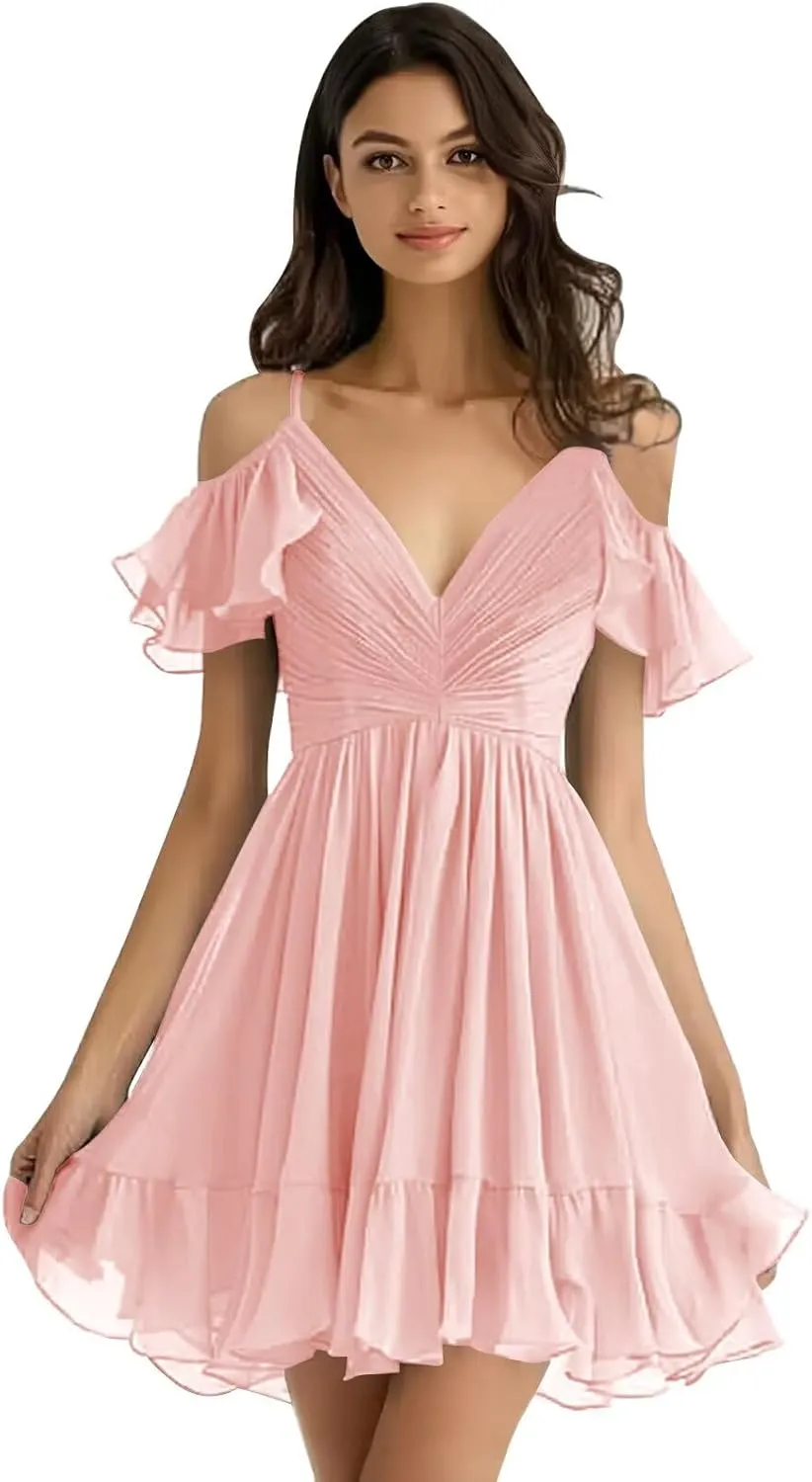 Chiffon Short Bridesmaid Dresses Off Shoulder V Neck Ruffle Ruched Pleated Summer Formal Dress