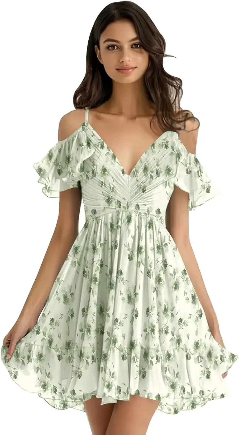Chiffon Short Bridesmaid Dresses Off Shoulder V Neck Ruffle Ruched Pleated Summer Formal Dress