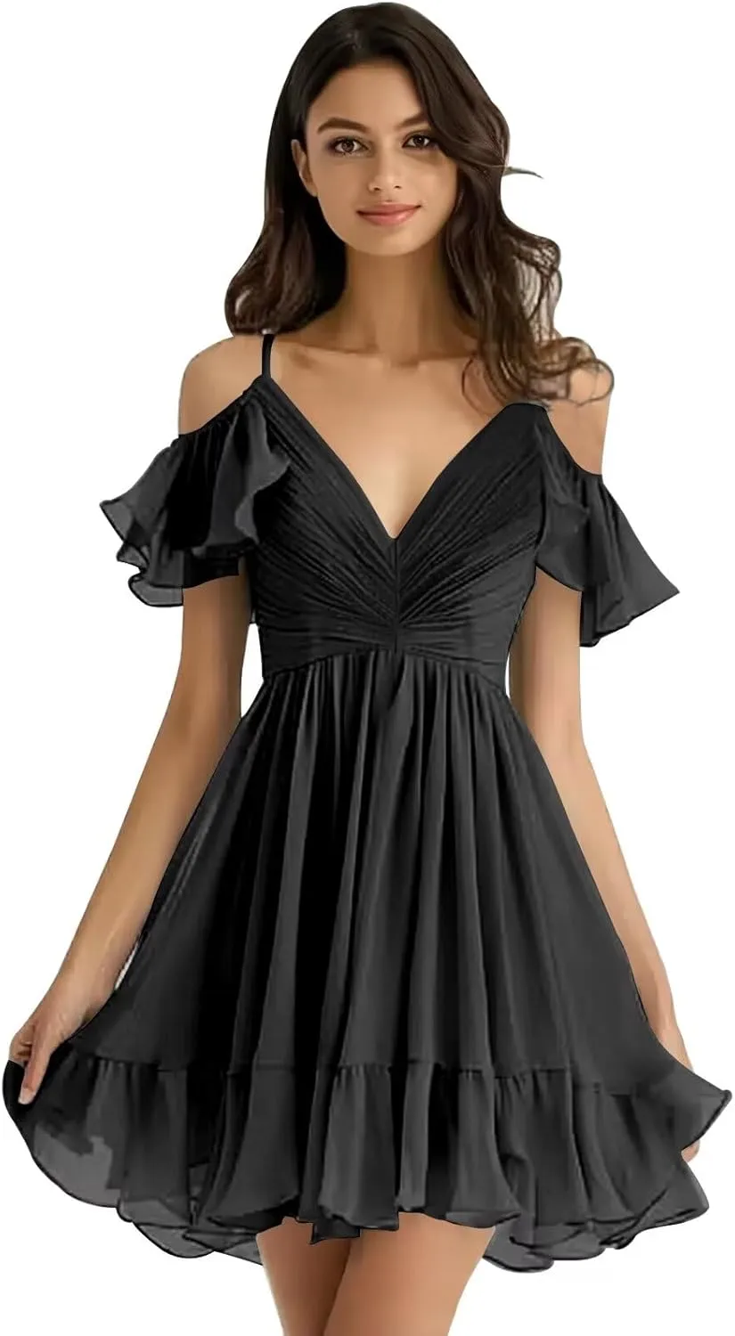 Chiffon Short Bridesmaid Dresses Off Shoulder V Neck Ruffle Ruched Pleated Summer Formal Dress