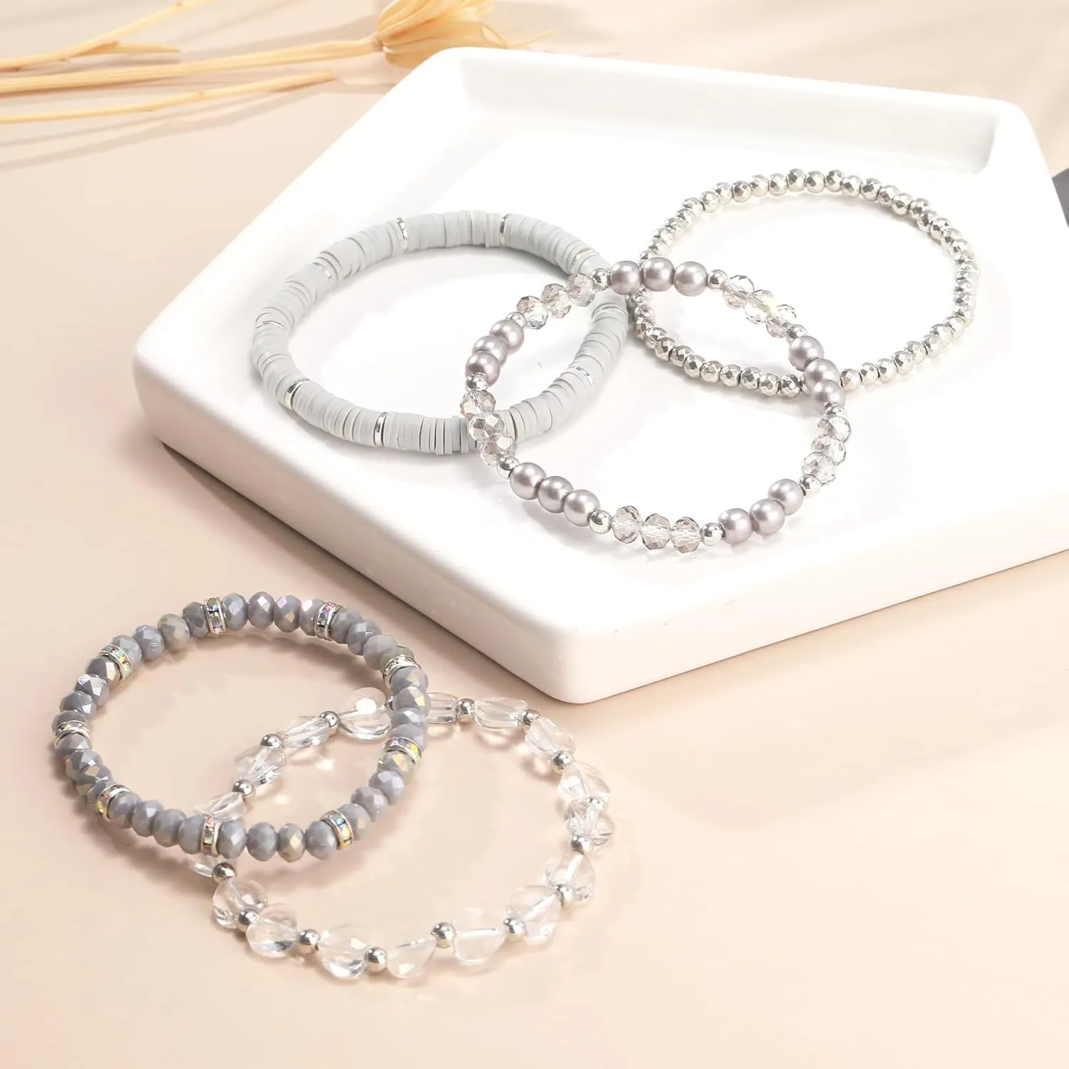 Clay Beaded Bracelets, White Pink Preppy Bracelets Gray Preppy Bracelet Black Bracelets Boho Multi-Layer Beaded Crystal Bracelets, Bohemian Stackable Bead Bracelet Set Jewelry for Women