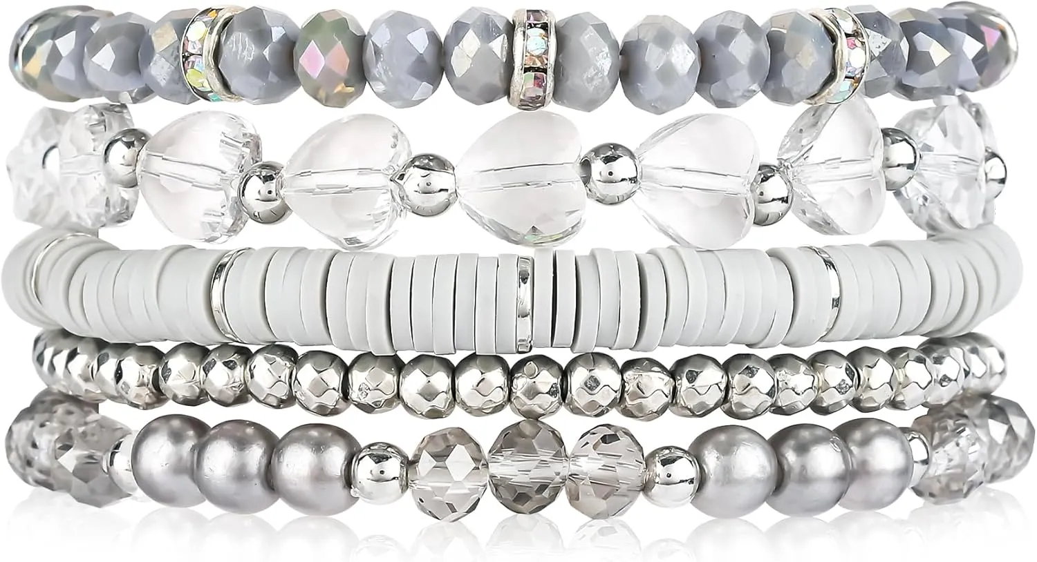 Clay Beaded Bracelets, White Pink Preppy Bracelets Gray Preppy Bracelet Black Bracelets Boho Multi-Layer Beaded Crystal Bracelets, Bohemian Stackable Bead Bracelet Set Jewelry for Women