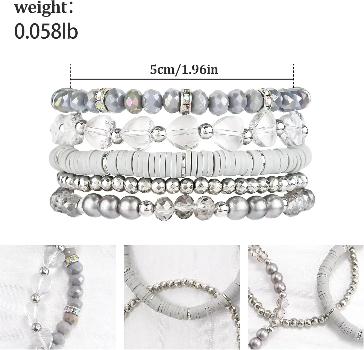 Clay Beaded Bracelets, White Pink Preppy Bracelets Gray Preppy Bracelet Black Bracelets Boho Multi-Layer Beaded Crystal Bracelets, Bohemian Stackable Bead Bracelet Set Jewelry for Women