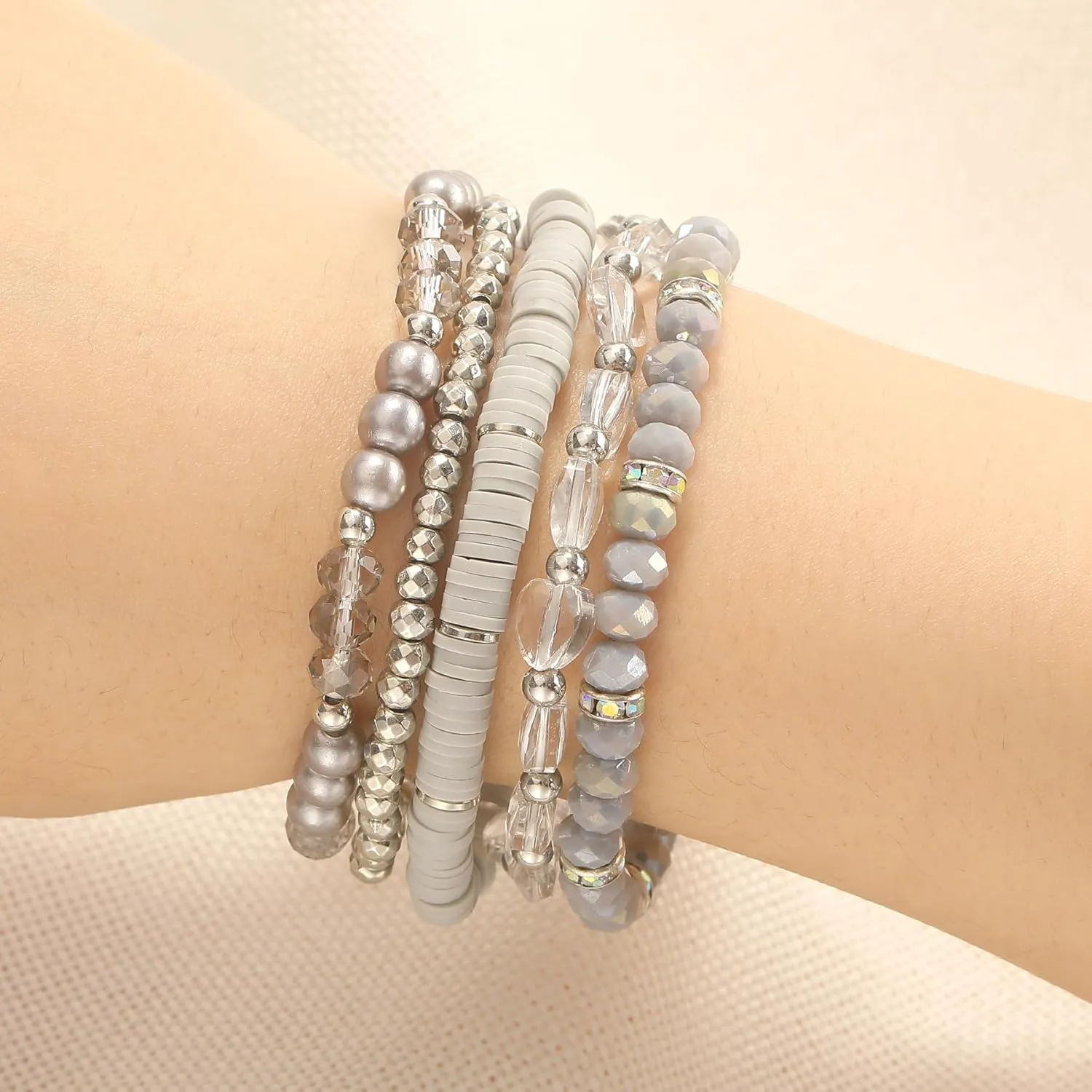 Clay Beaded Bracelets, White Pink Preppy Bracelets Gray Preppy Bracelet Black Bracelets Boho Multi-Layer Beaded Crystal Bracelets, Bohemian Stackable Bead Bracelet Set Jewelry for Women