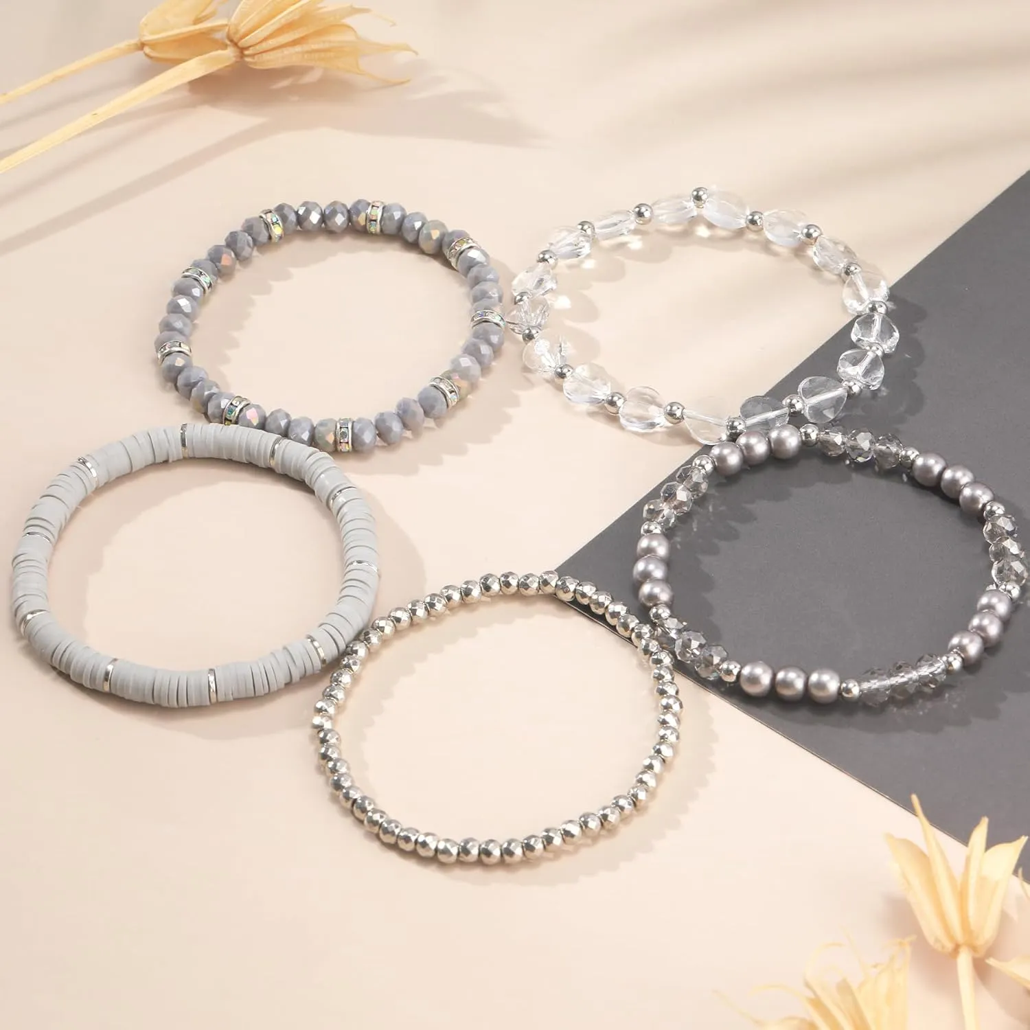 Clay Beaded Bracelets, White Pink Preppy Bracelets Gray Preppy Bracelet Black Bracelets Boho Multi-Layer Beaded Crystal Bracelets, Bohemian Stackable Bead Bracelet Set Jewelry for Women