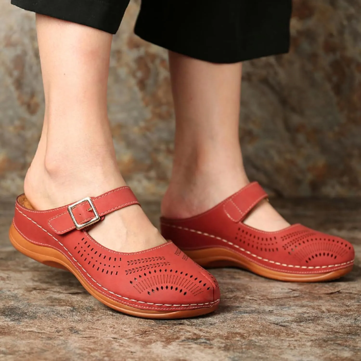 Clogs for Women Mule Sandals Comfortable Summer Platform Orthopedic Sandals, Round Toe Closed Toe Walking Slippers Hollow Out Breathable Buckle Walking Shoes