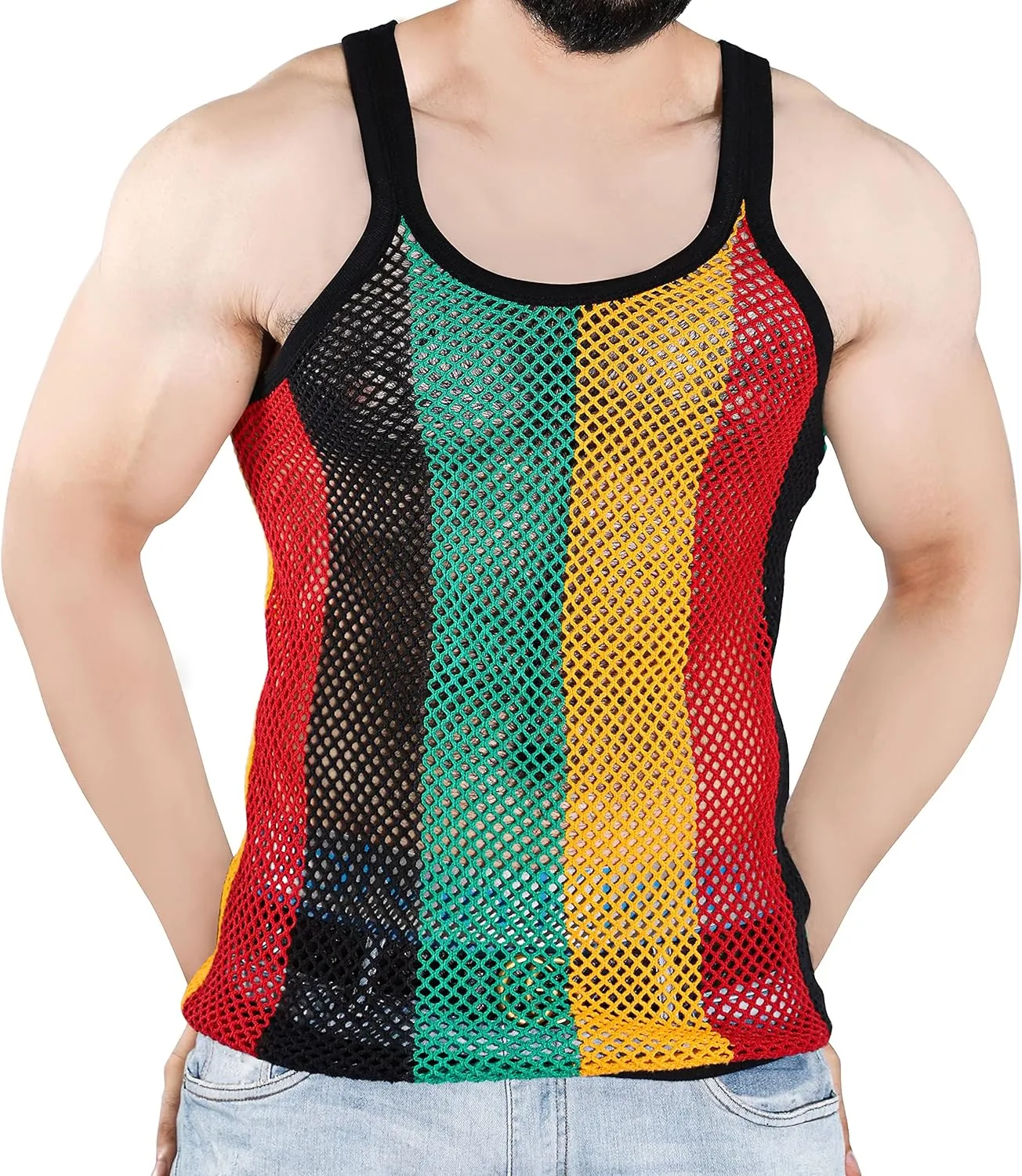 Clossy London 100% Cotton Rasta String Vest Mesh Fishnet Fitted Striped Black Red Green Yellow Colours (XL)