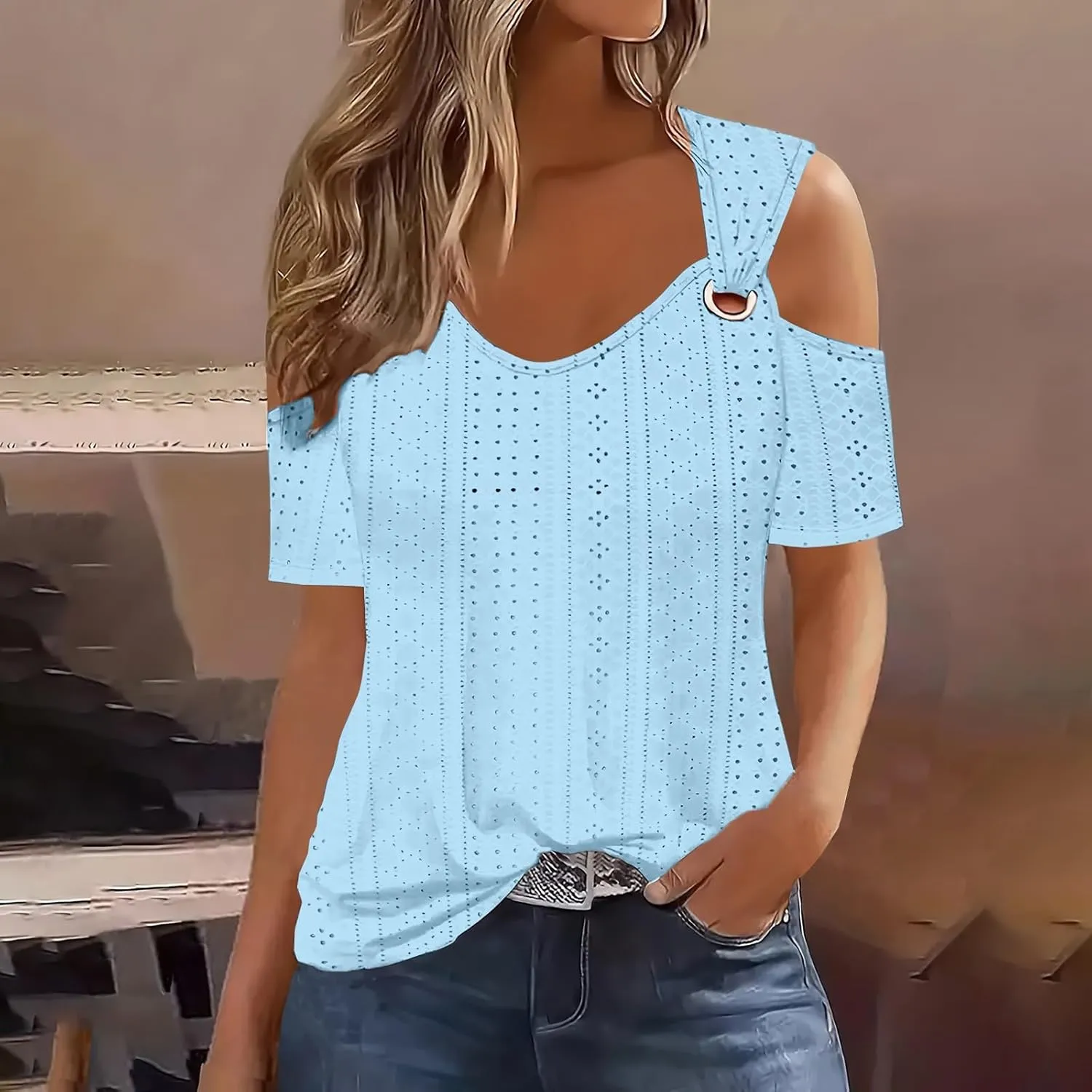 Cold Shoulder Tops for Women 2024 Casual Summer Sexy Eyelet Tunic Shirts Short Sleeve V Neck Boho Blouses