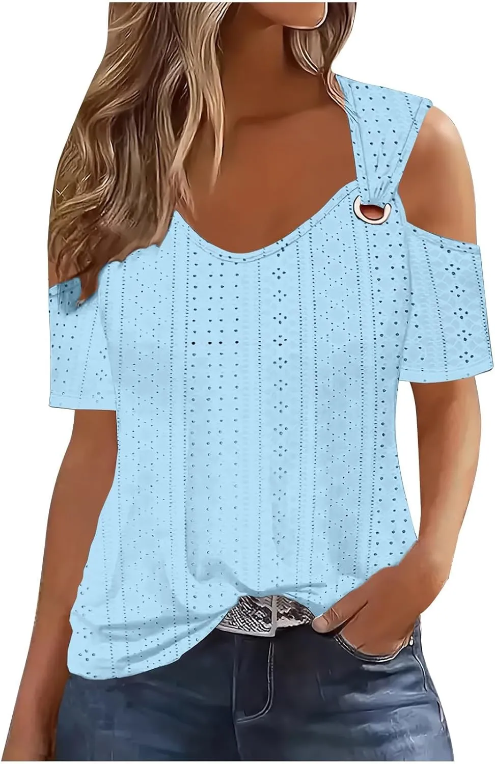 Cold Shoulder Tops for Women 2024 Casual Summer Sexy Eyelet Tunic Shirts Short Sleeve V Neck Boho Blouses