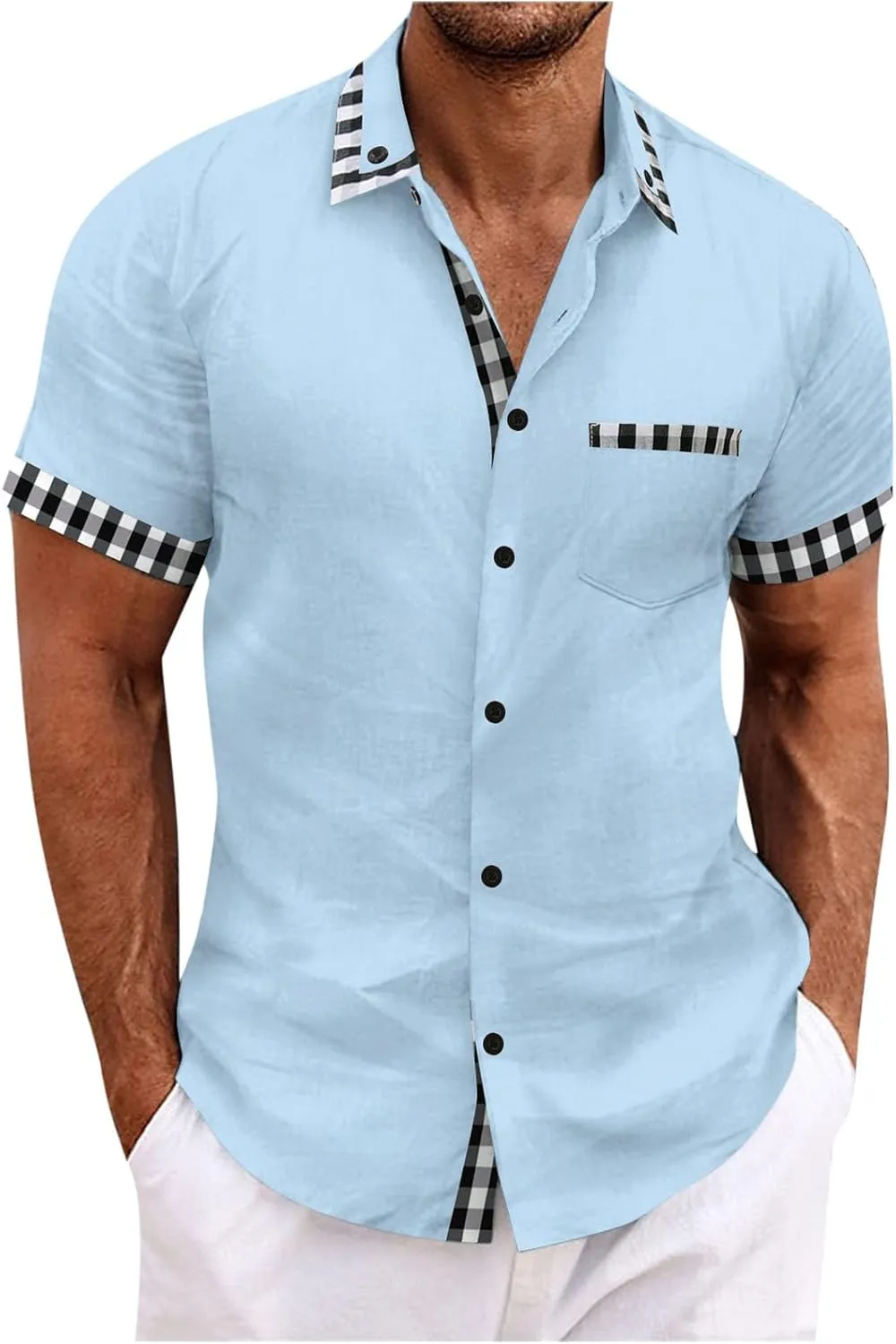 Color Block Plaid Shirts for Men Fashion Cotton Linen Short Sleeve Tops Casual Summer Button Down Blouse with Pocket