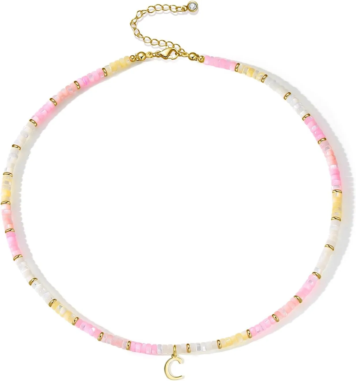 Colorful Shell Initial Necklaces for Women Dainty Natural Shell Necklaces Cute Choker Necklace Puka Shell Beaded Necklace Handmade Jewelry Gifts for Her