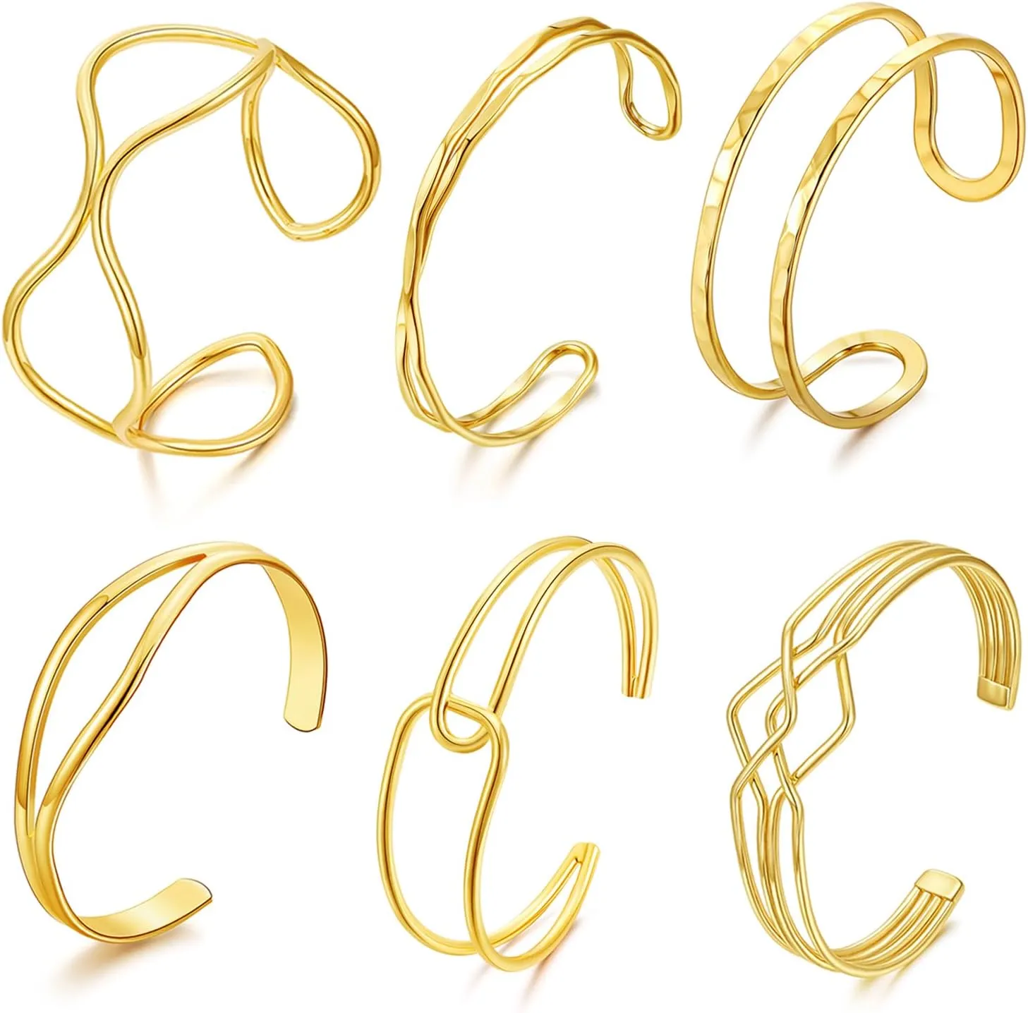 COLOYAN 6PCS Gold Cuff Bracelets Cuff Bangles for Women 14K Gold Plated Twisted Cross Cuff Wire Simple Multilayer Open Thin Bangle Beach Vacation Cuff Bracelets Set