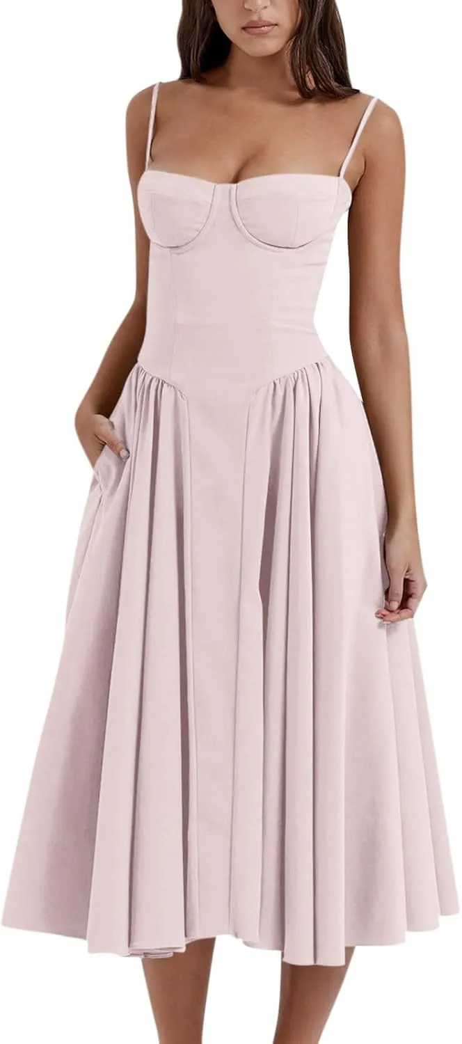 Corset Dress for Women Elegant Spaghetti Strap Bustier Midi Dress Flowy Pleated Hem Low Cut Prom Dresses with Pockets